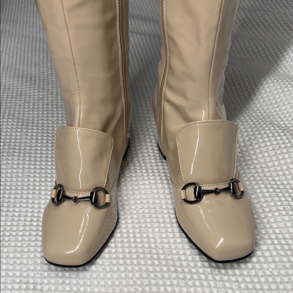Source Unknown Beige Patent Knee-High Block Heel Boots - Picture 4 of 8
